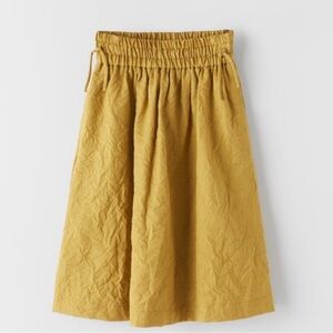 Zara Drawstring Elastic-Waist Wrinkle Fabric Midi Skirt in Mustard Yellow